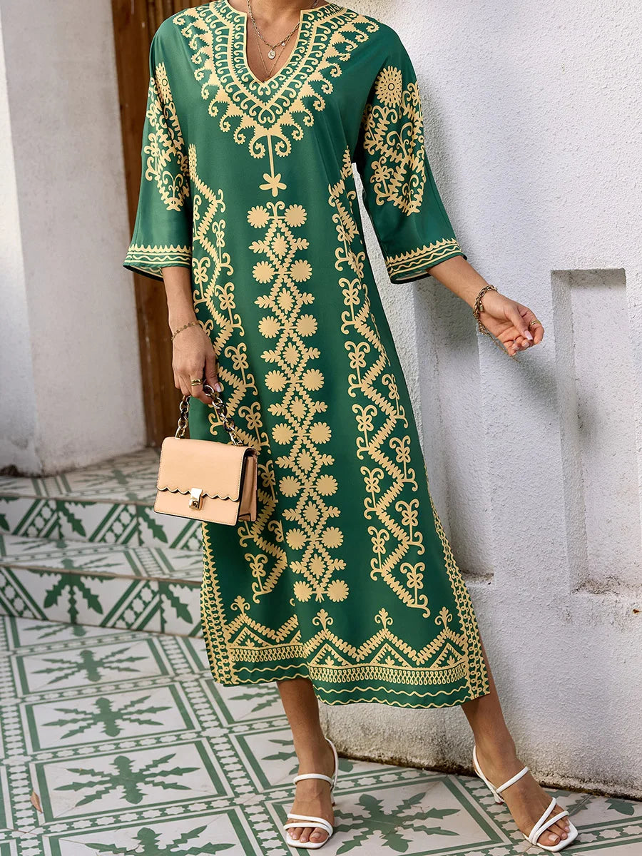 Elegant 3 4 Sleeve V-Neck Maxi Dress with Retro Print Perfect for Ramadan Arab Robe Caftan Gowns for Women