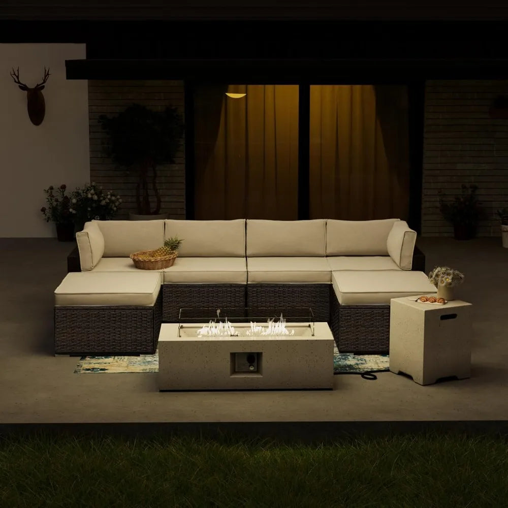 Outdoor Sectional 5-Piece Wicker Patio Furniture Set Sofa Conversation Set w 50,000 BTU Rectangle Fire Pit Coffee Table Wind Gu