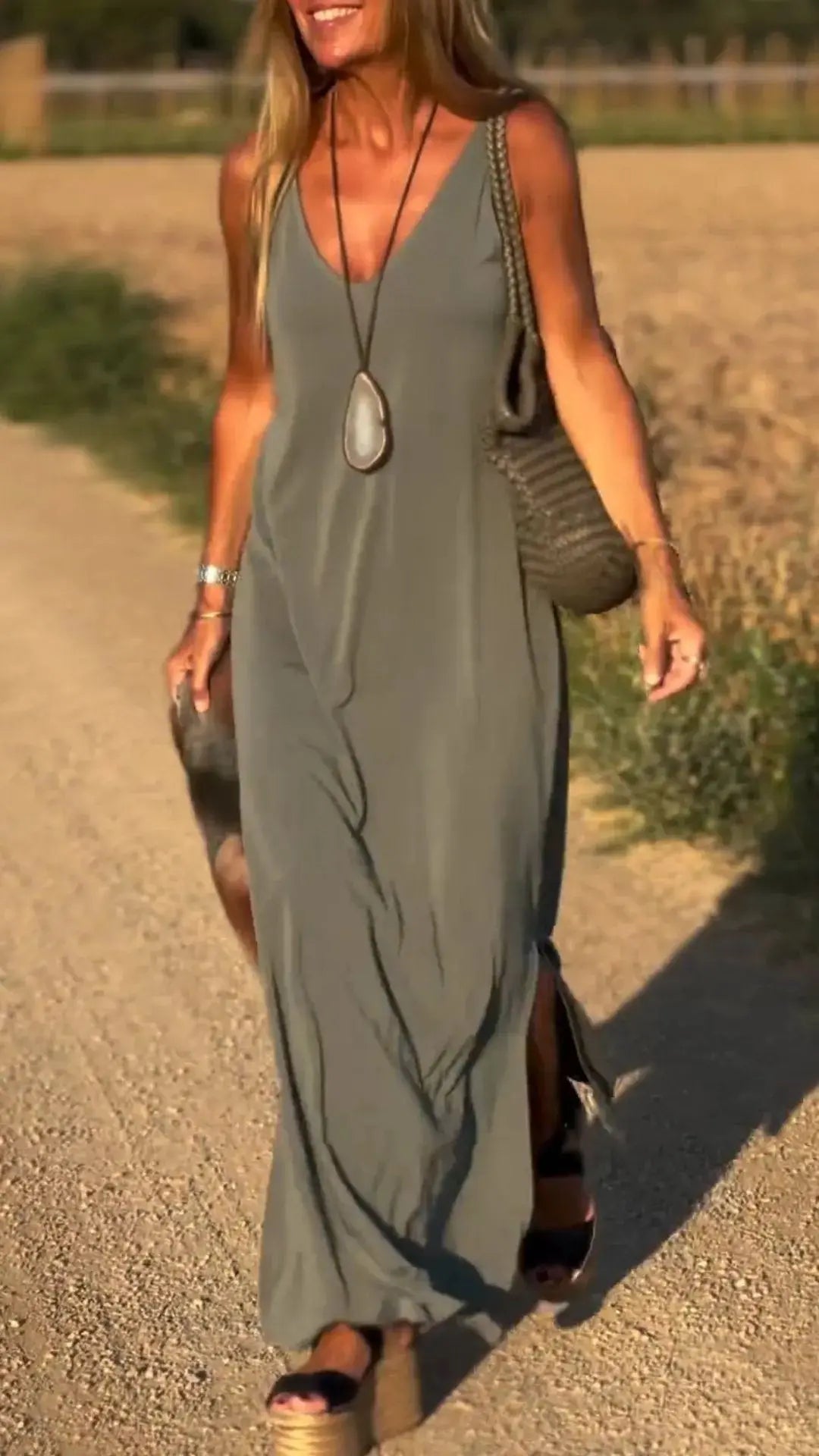 2025 Summer New Women's Fashion Solid Color Sexy V-neck Sleeveless Strap Casual Loose Long Ankle Dress