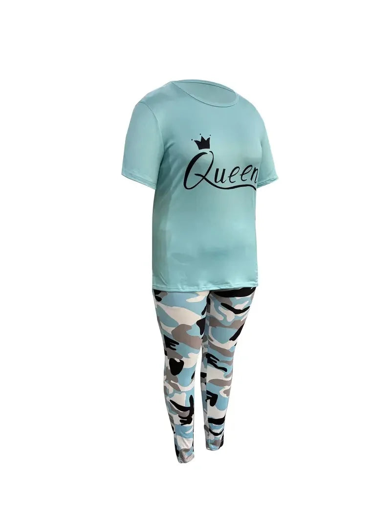 Plus Size Women's Casual Suit, Fashion Letter Print Camouflage Pants Two-Piece Set