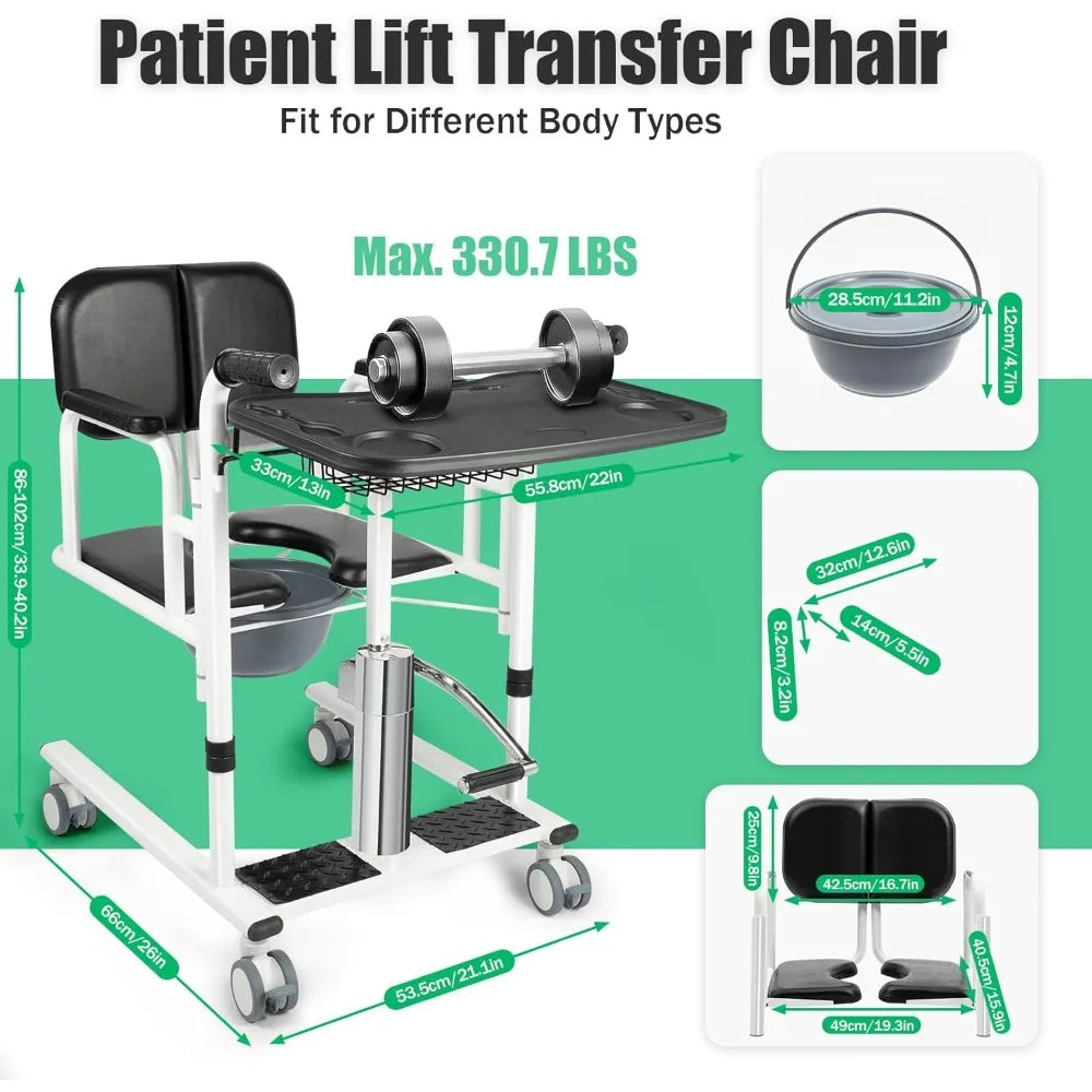 Hydraulic Patient Lift Nursing Chair 4 in 1 Shower Chair Transport Wheelchair Adjustable Lifting Height Transfer Aid
