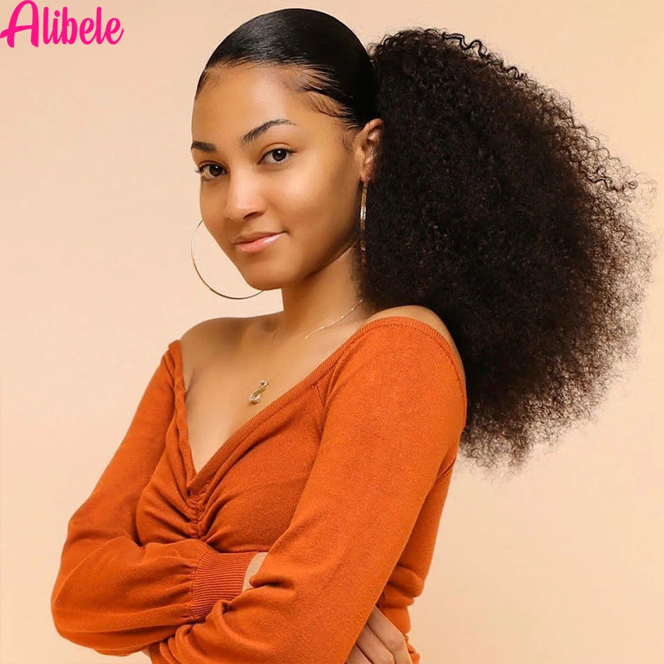 Alibele Afro Kinky Curly Drawstring Ponytail Human Hair Extensions Mongolian 4B 4C Remy 10-28 inch Clips In Wrap Around Ponytail