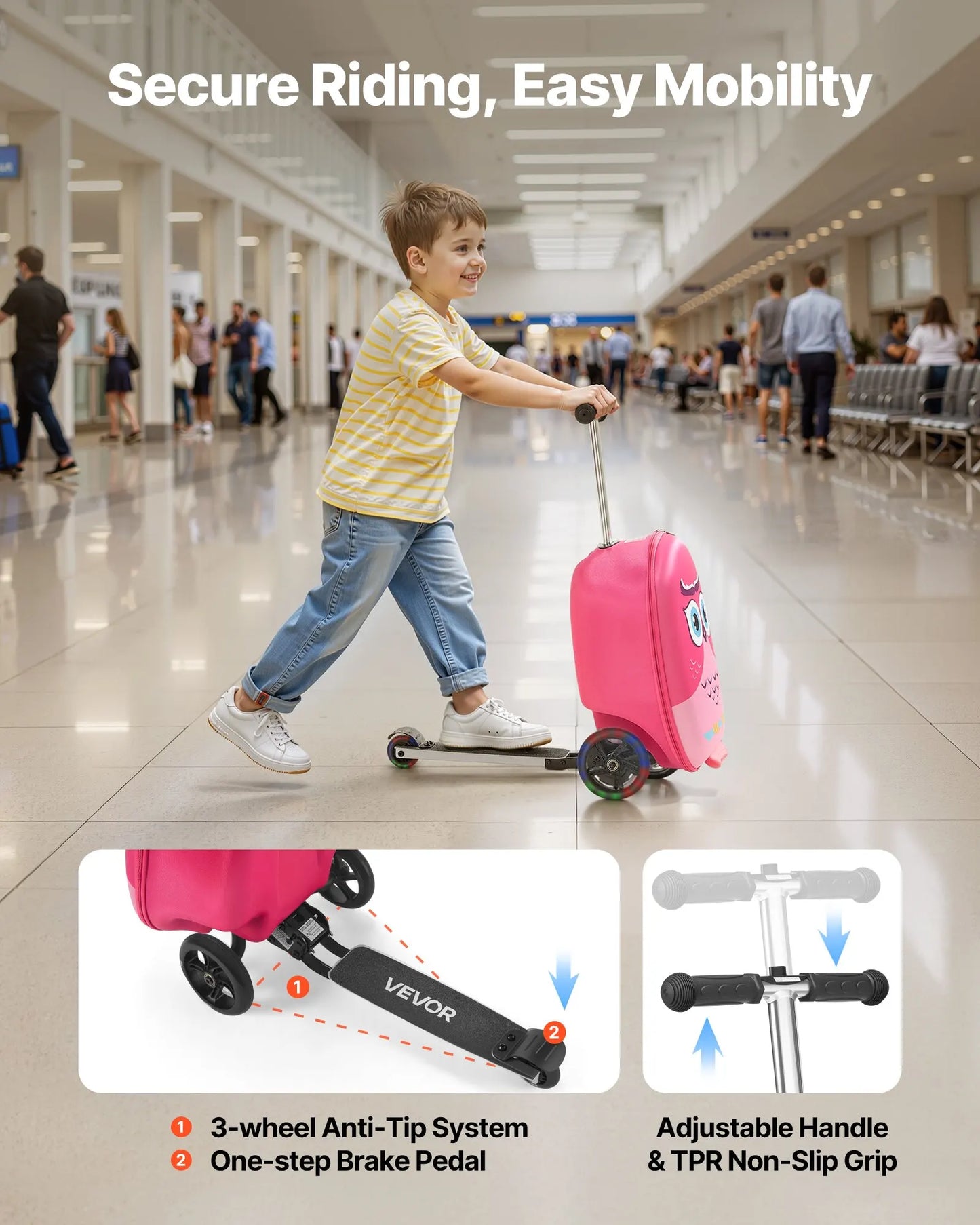 Ride-on Luggage 20-inch Kids Scooter Suitcase With Flash Wheels Pink
