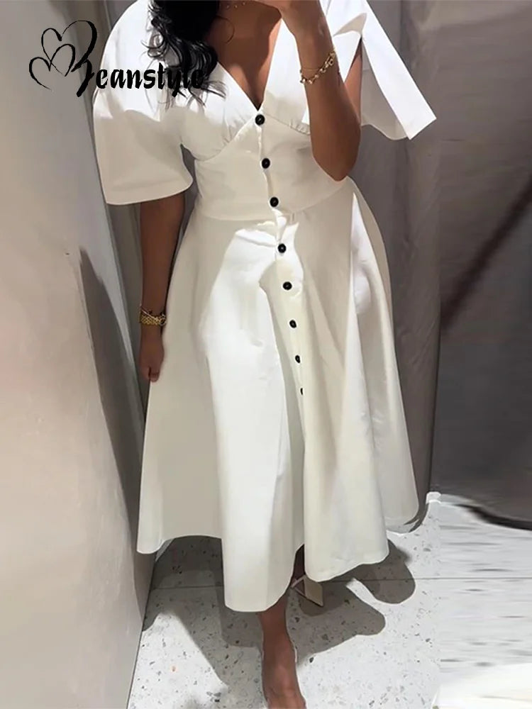 Elegant Single Breasted Long Dress Women White V-Neck Short Sleeve Female Party A-line Dresses 2025 Summer Lady Vacation Robes