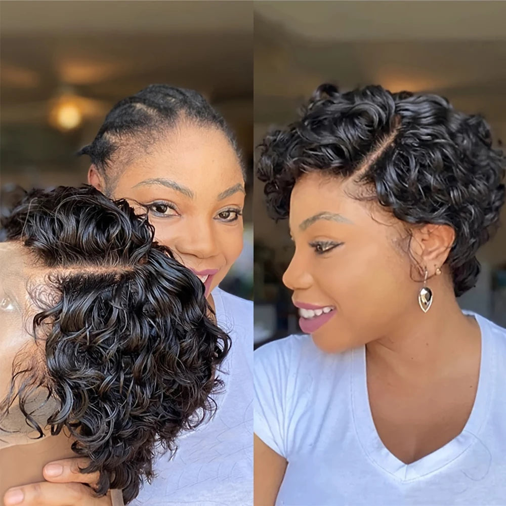 Short Bob Lace Pixie Cut Wigs Deep Wave T Part Lace Front Wig For Women Natural Color Human Hair Lace Wigs