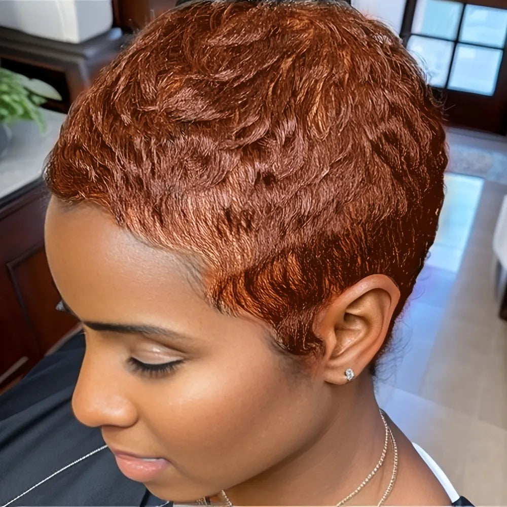 4inch brown color 150% density pixie cut wig short straight layered for women machine made daily paty use human hair wigs  ﻿