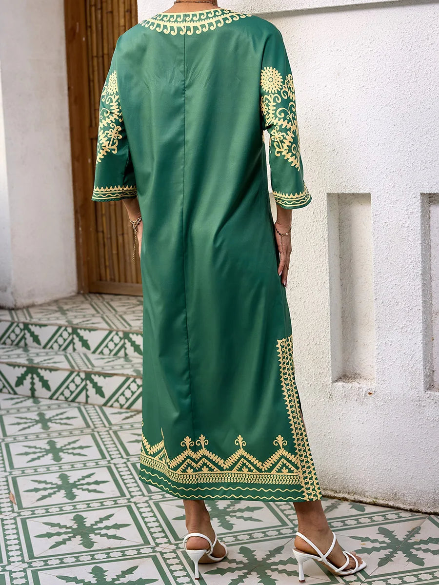 Elegant 3 4 Sleeve V-Neck Maxi Dress with Retro Print Perfect for Ramadan Arab Robe Caftan Gowns for Women