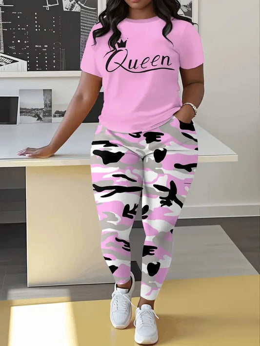Plus Size Women's Casual Suit, Fashion Letter Print Camouflage Pants Two-Piece Set
