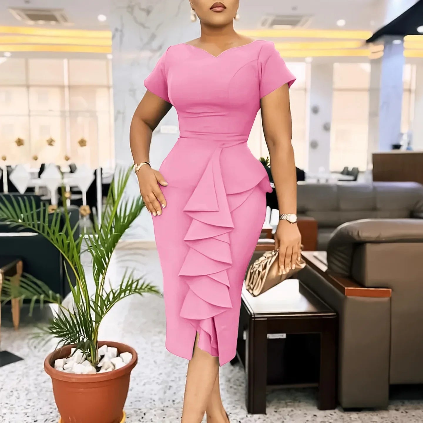 Women V-neck Elegant Short Sleeve Mult Ruffles Midi Dress Autumn OL Work Pencil Streetwear Africa Club Dresses Vestidos