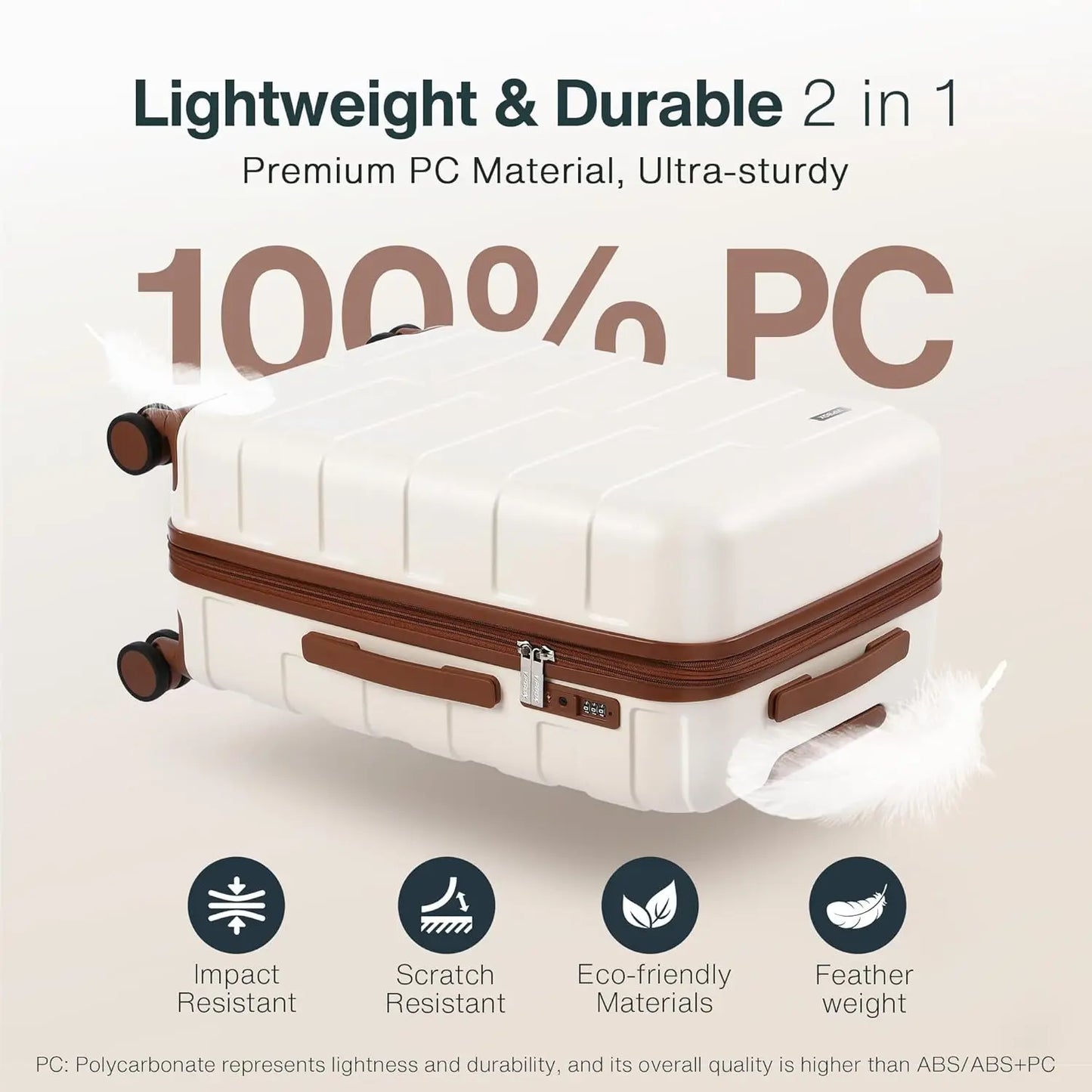 Luggage Hardside Expandable Ultra Durable 100% PC Lightweight Carry On Travel Suitcase SetLock Spinner Wheels, White Brown