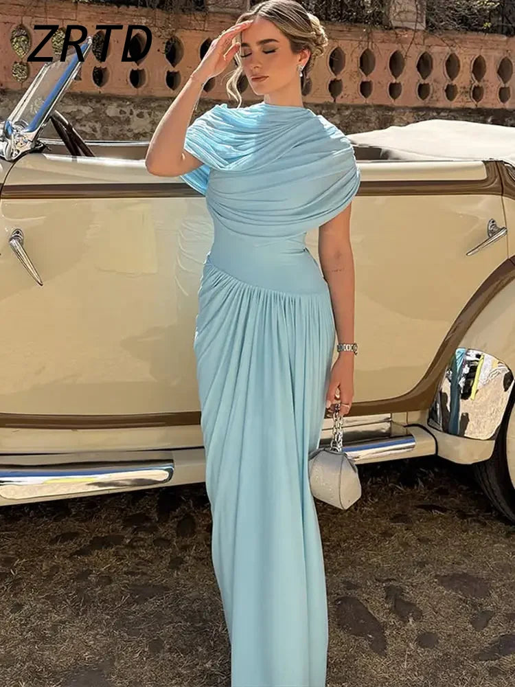 Elegant Shawl Collar Long Party Dress Pleated Sleeveless Asymmetric Female Dresses 2025 Spring Summer Lady Solid Evening Gowns