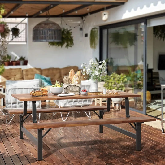 Picnic Table Bench Set for 6 or 4 Persons, 6FT Large Camping Table, Acacia Wood Outdoor Dining Table Set with 2” Umbrella Hole