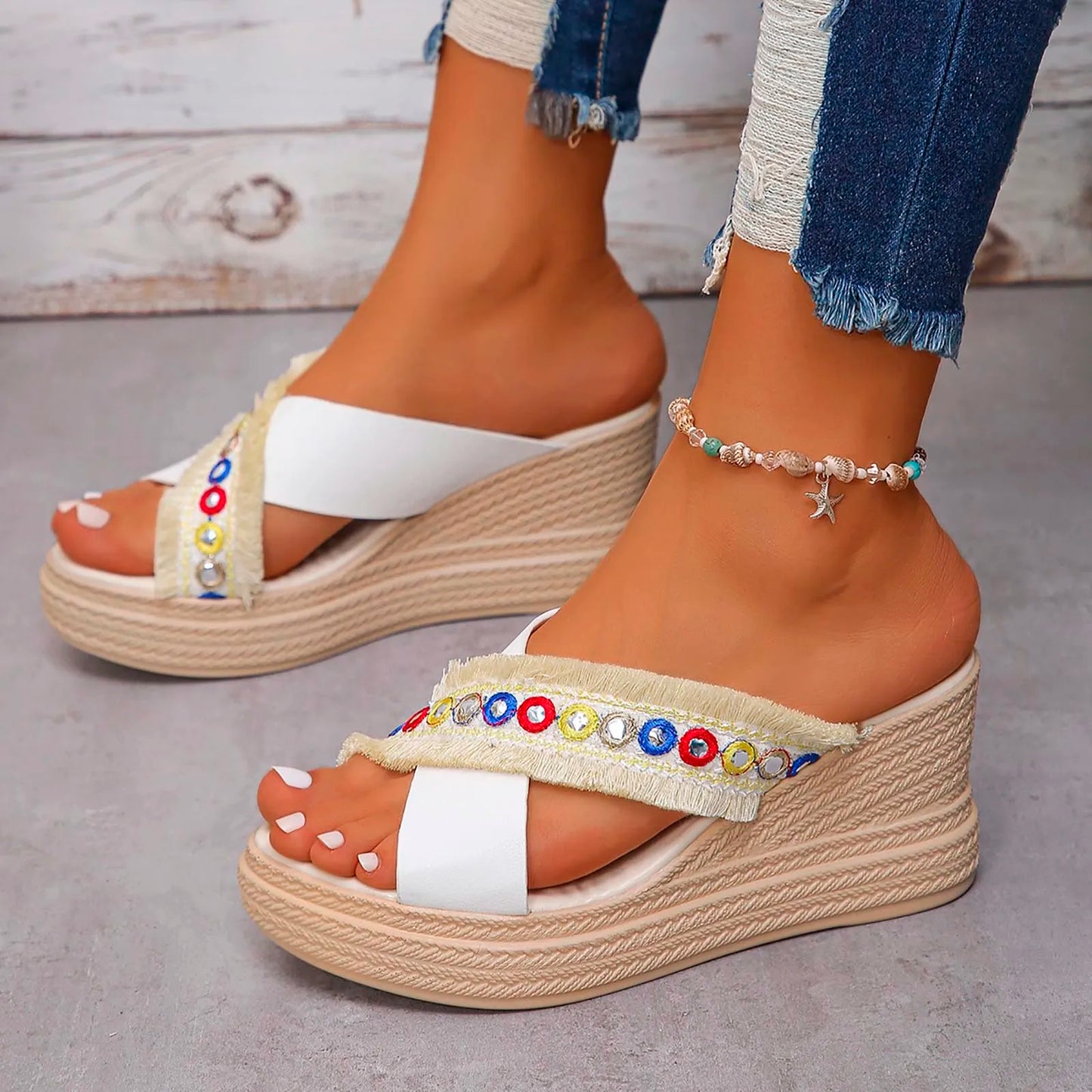 Women's Summer Sandals Fashion Woven Ethnic Open Toe Wedge Slippers Casual Comfortable Beach Slippers Ladies Slide Zapatos Mujer