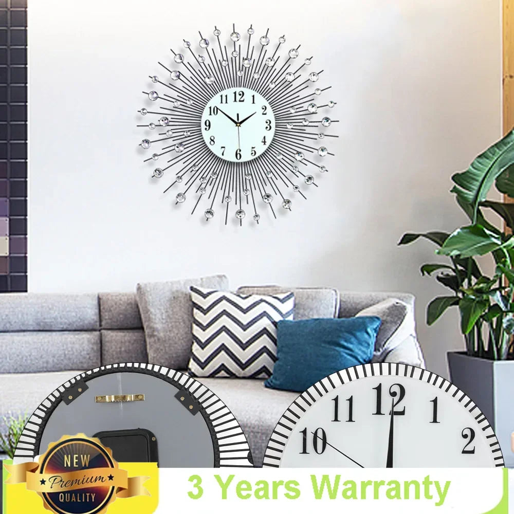 3D Large Metal Sunburst Wall Clock Luxury Battery Operated Home Decor Modern Round Diamond Large Luxury Art Wall Watch 60x60cm