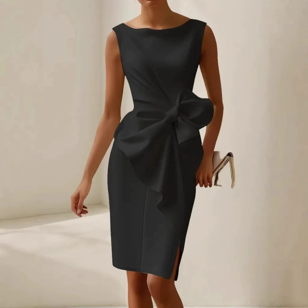 Sexy Sleeveless Hollow Midi Dresses Elegant O Neck Waist Cinched Bow Wrapped Dress Women Office Party Dress 2025 New Vestidos