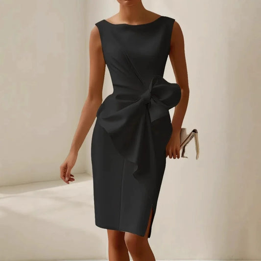Sexy Sleeveless Hollow Midi Dresses Elegant O Neck Waist Cinched Bow Wrapped Dress Women Office Party Dress 2025 New Vestidos