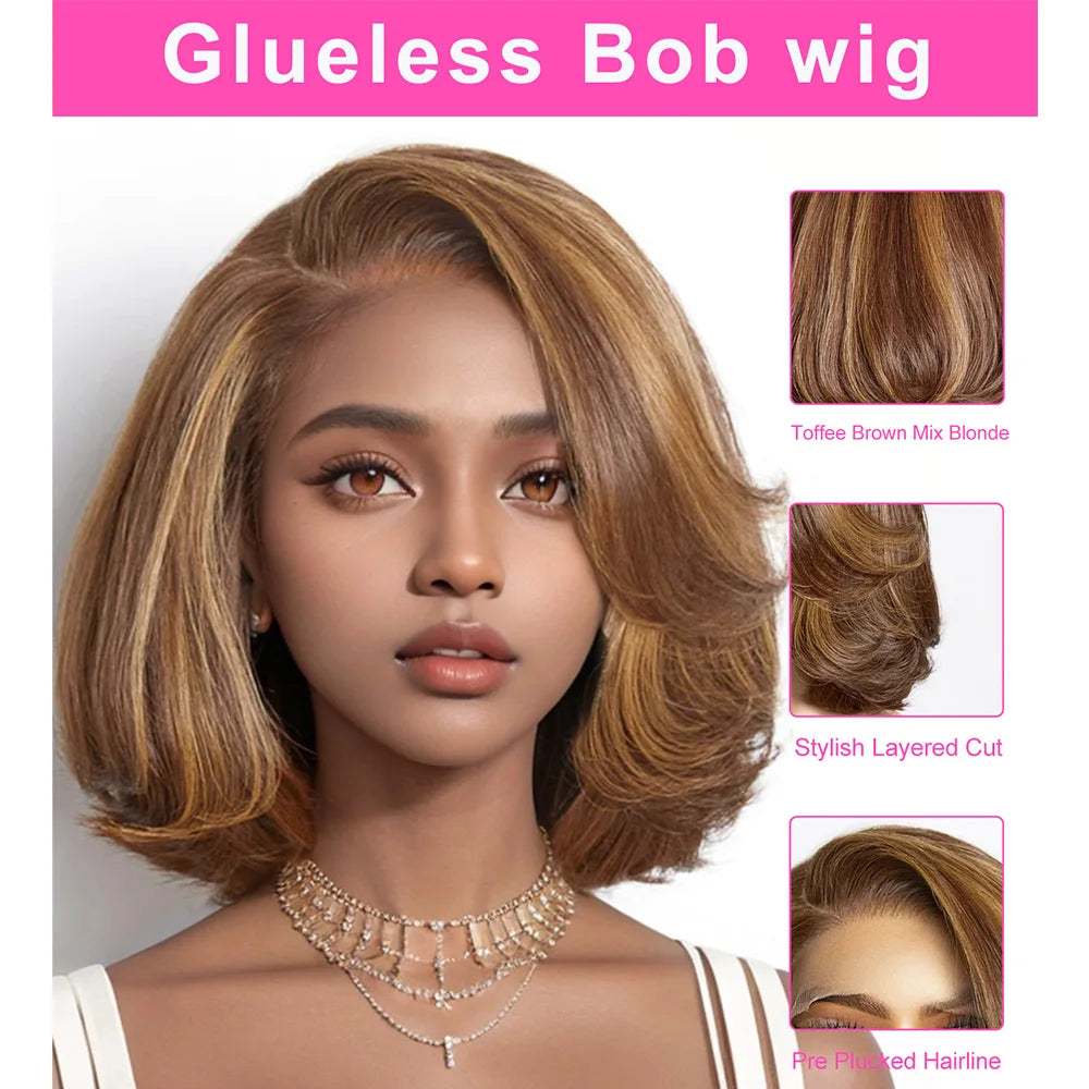 180% Density Toffee Brown Short Bob Lace Front Wig Human Hair Glueless Closure HD Lace Short Bob Wig Pre Plucked For Women