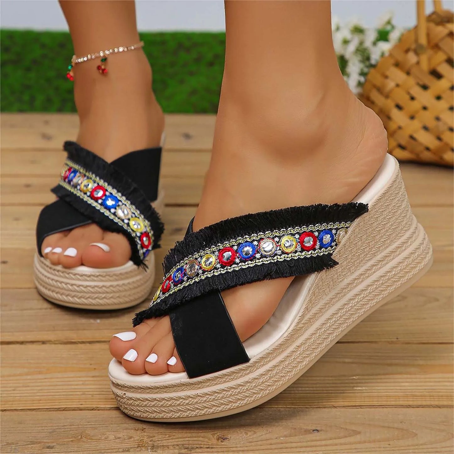 Women's Summer Sandals Fashion Woven Ethnic Open Toe Wedge Slippers Casual Comfortable Beach Slippers Ladies Slide Zapatos Mujer