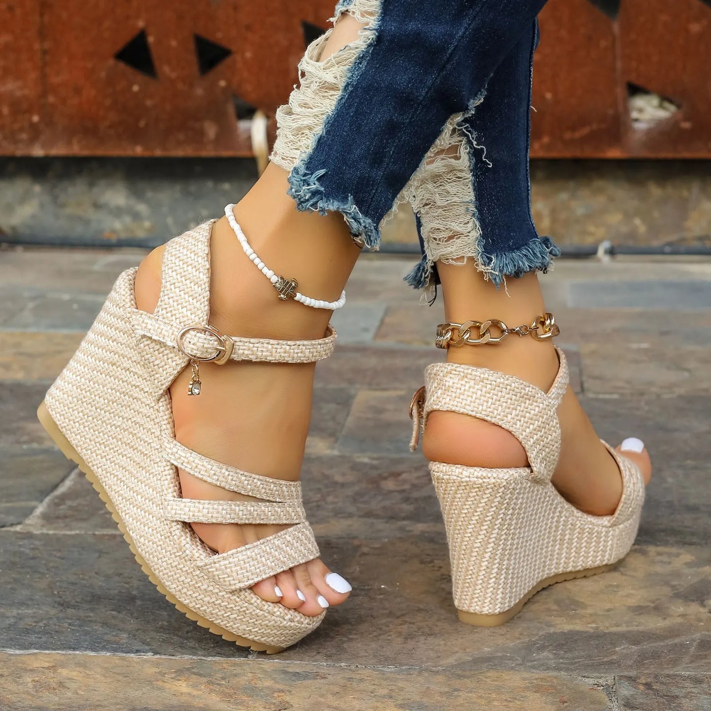 Elegant Woman Heeled Shoes Summer Foreign Trade New Platform Platform Wedge Sandals Women'S Denim Buckle Beach Women'S Sneaker