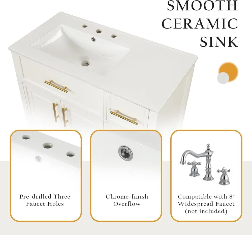 36" Bathroom Vanity with Offset Sink, Freestanding Bathroom Sink Cabinet with 3 Drawers & 2 Doors, Solid Wood Bathroom Vanity