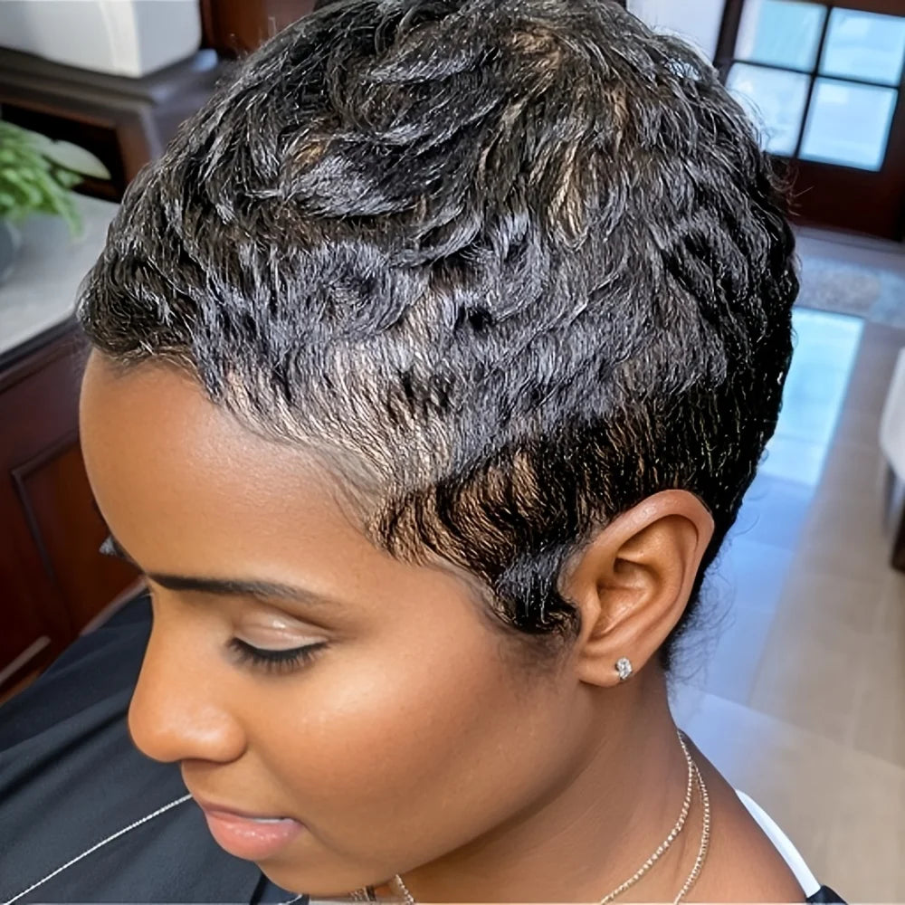 4inch brown color 150% density pixie cut wig short straight layered for women machine made daily paty use human hair wigs  ﻿