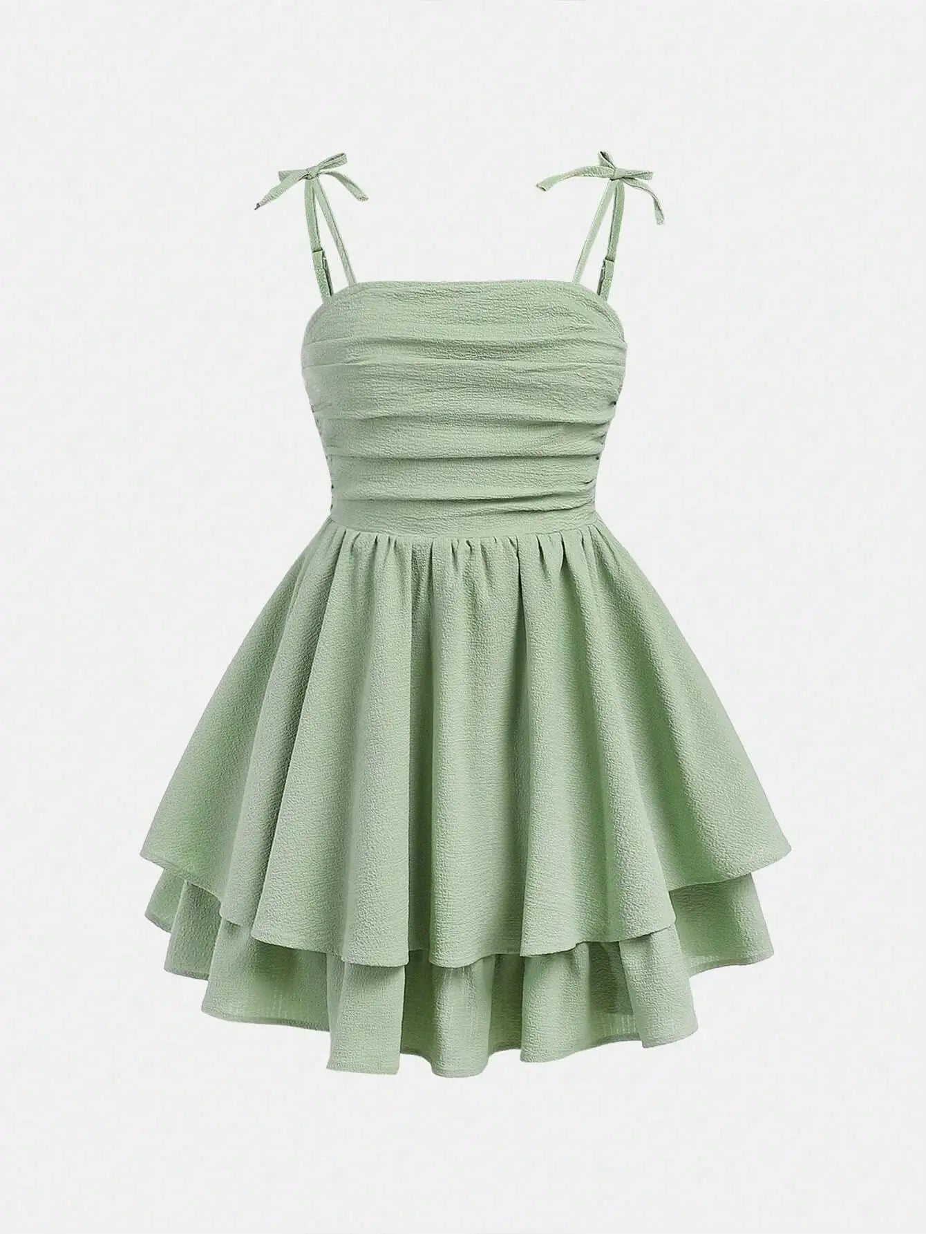Mint Green Ruched Strap Dress with Tiered Skirt for Teen Girls