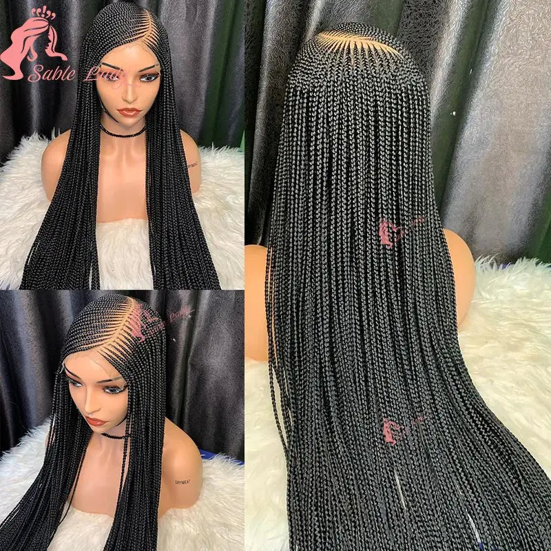Faux Locs Crochet Cornrow Braided Wig Synthetic Full Lace Knotless Box Braids Wig Side Part Lace Wig Box Braided Wig for Women