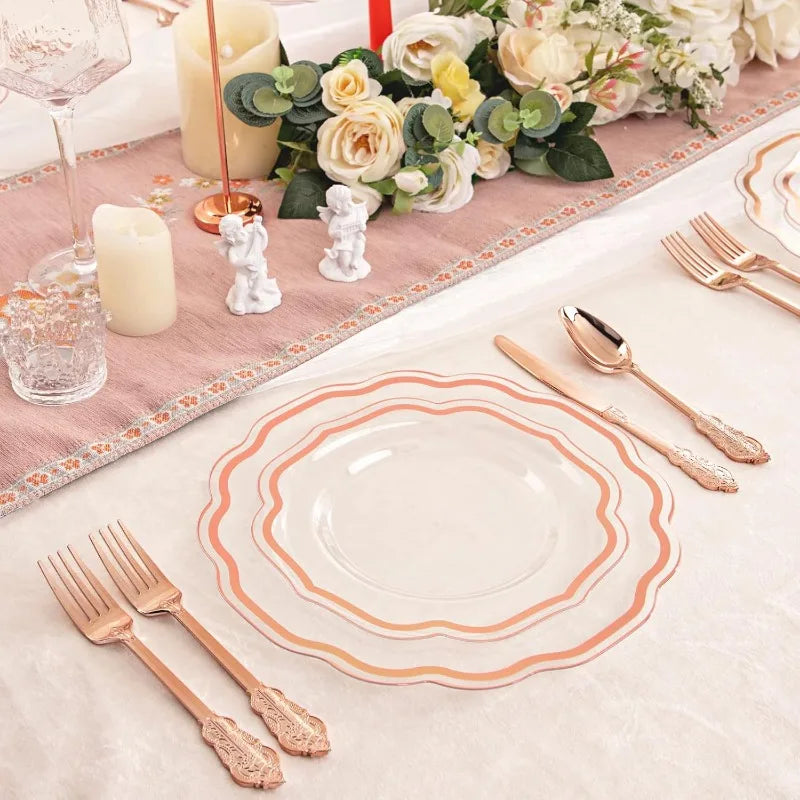150PCS Rose Gold Plastic Plates&Rose Gold Silverware-Include 30Dinner Plates, 30Salad plates, 90 Disposable Rose Gold Utensils