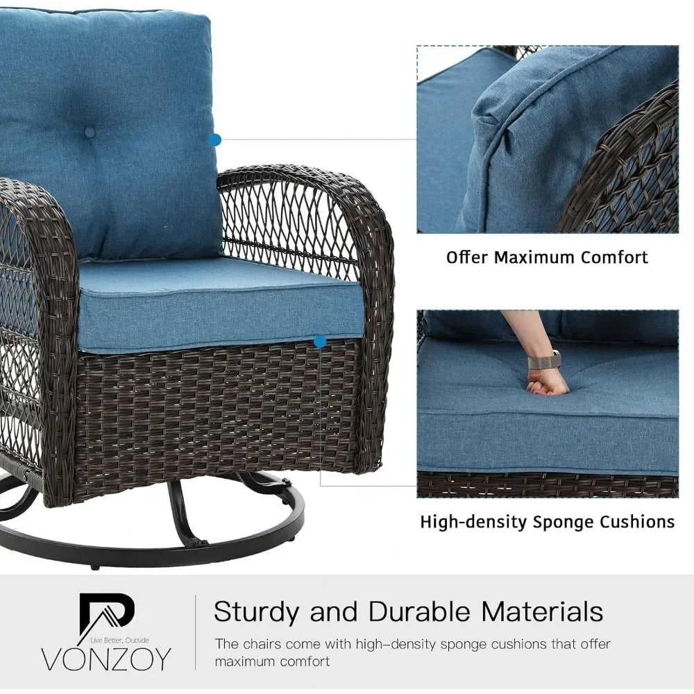 3 Pieces Patio Furniture Set,  Wicker Patio Bistro Set with Rocking Chair, Thickened Cushions and Table for Porch (Blue)