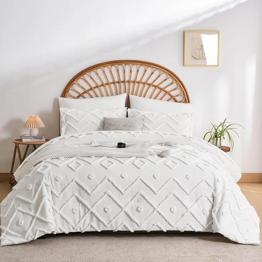 Tufted Boho Comforter Set - Farmhouse Shabby Chic Embroidery Bed Set, Soft Jacquard Comforter, Queen, King