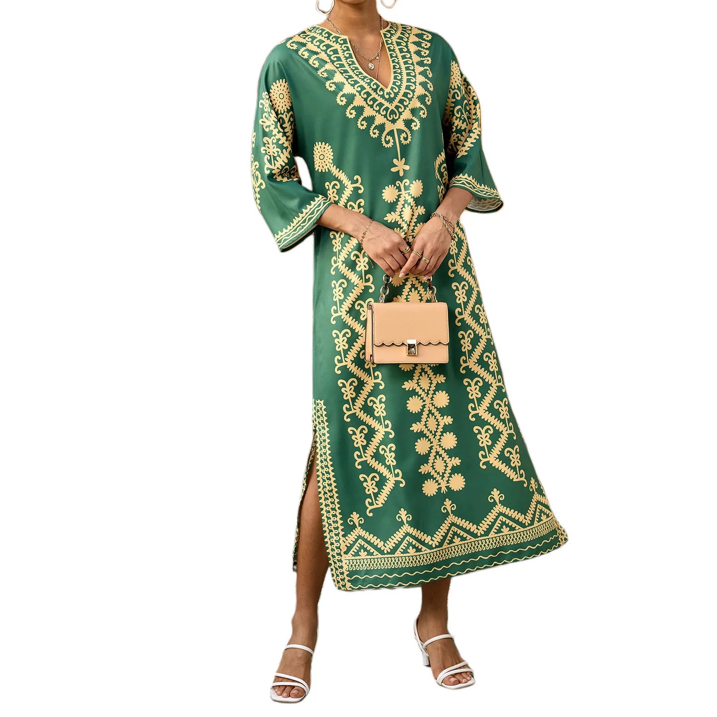 Elegant 3 4 Sleeve V-Neck Maxi Dress with Retro Print Perfect for Ramadan Arab Robe Caftan Gowns for Women