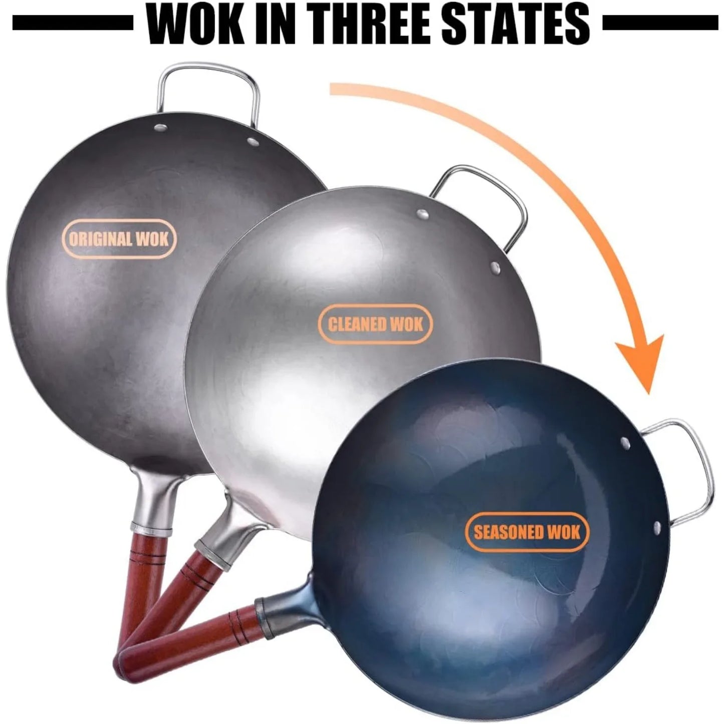 Carbon Steel Wok Traditional Hand Hammered Wok - 13.4" Chinese Wok Round Bottom Wok Pan Set with 8 Pcs Cookware Accessories