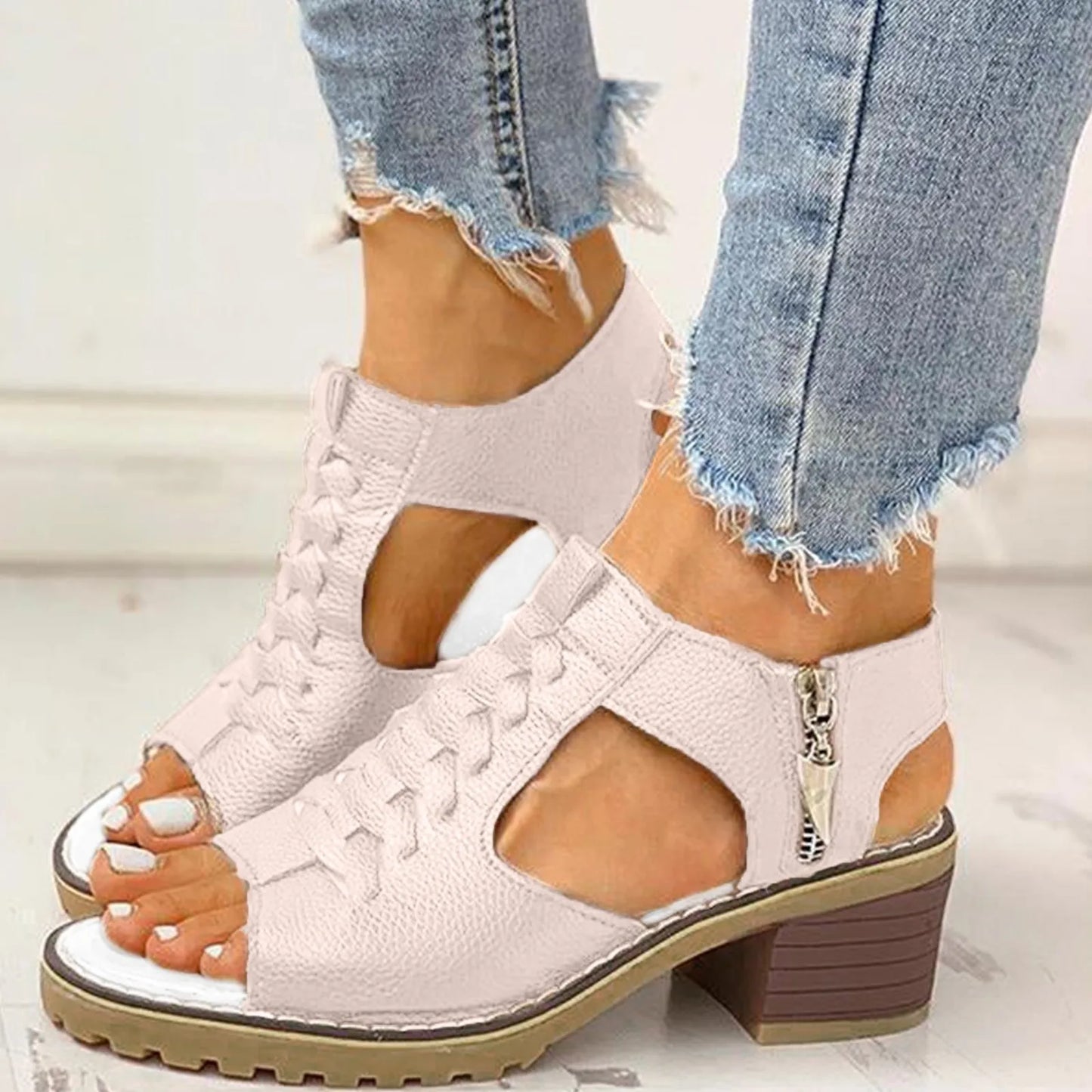 Womens Square Heeled Chunky Sandals Summer Fashion Hollow Out Leather White Sandals Open Toe Breathable Sandals Wedge Shoes