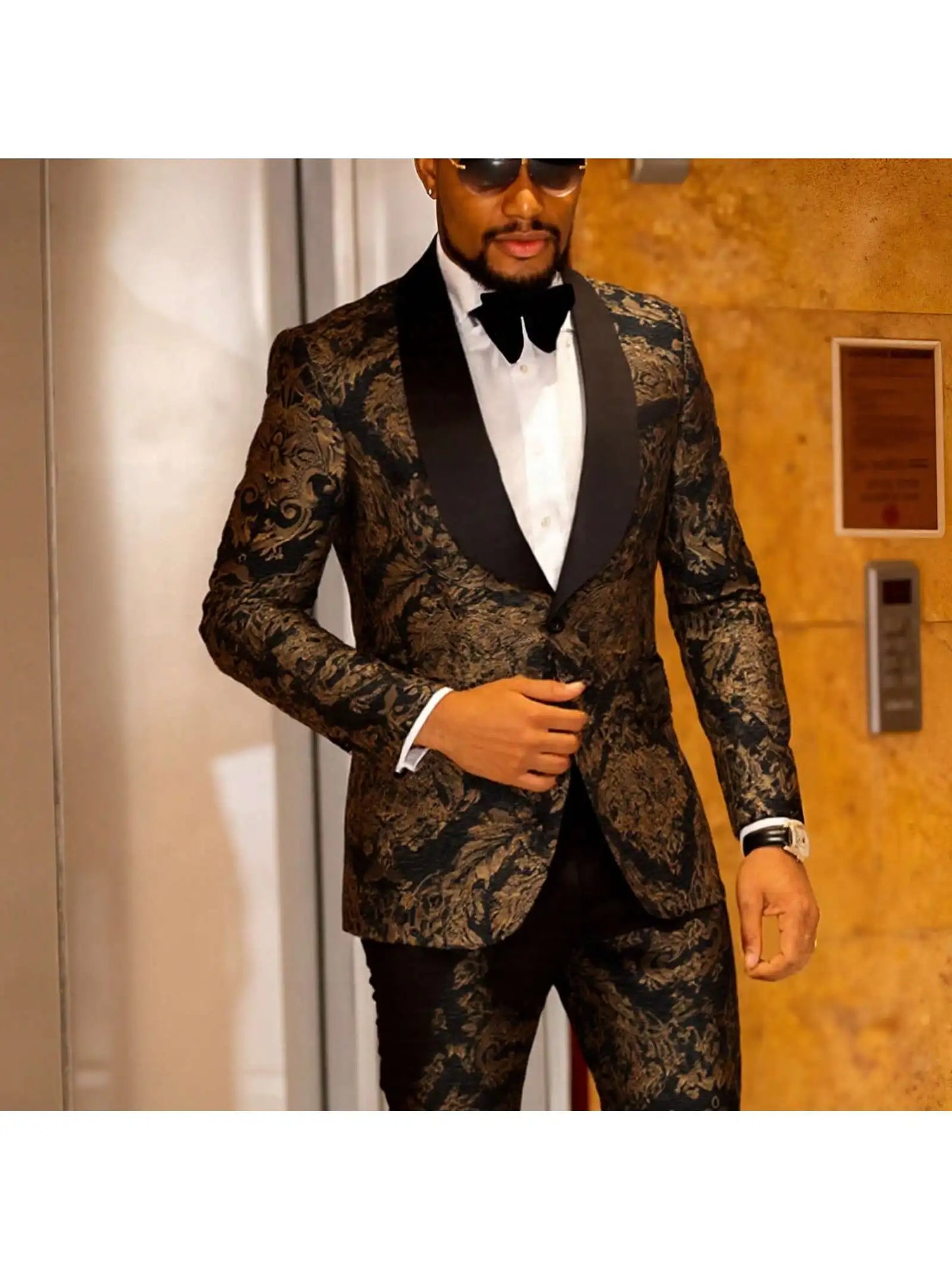 Mens Suit Jacquard Silm Fit 2-Piece Shawl Lapel Tuxedo Wedding Party Prom Suit Set