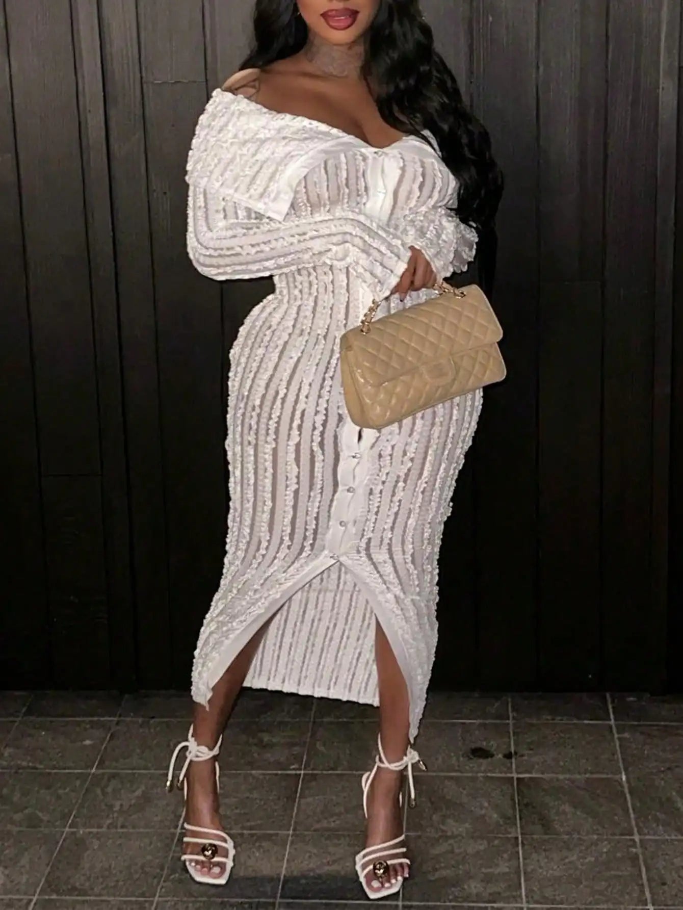 2025 Newest Women's Elegant Off-the-Shoulder Dress Long Sleeve Button Down Pull High Slit Tight Skirt Evening Party