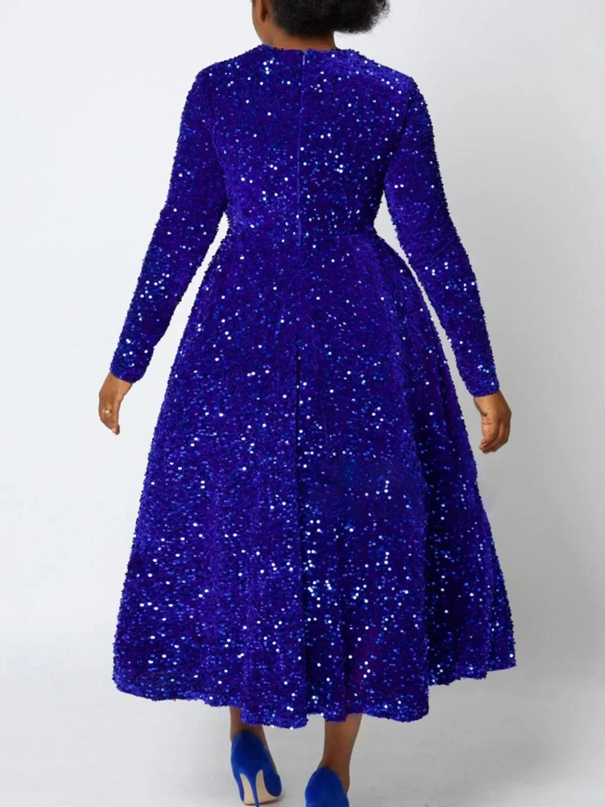 2024 Autumn Winter New Women's Dress Round Neck Long Sleeved Solid Color Sequin High Waist Temperament Mid Length Formal Dress