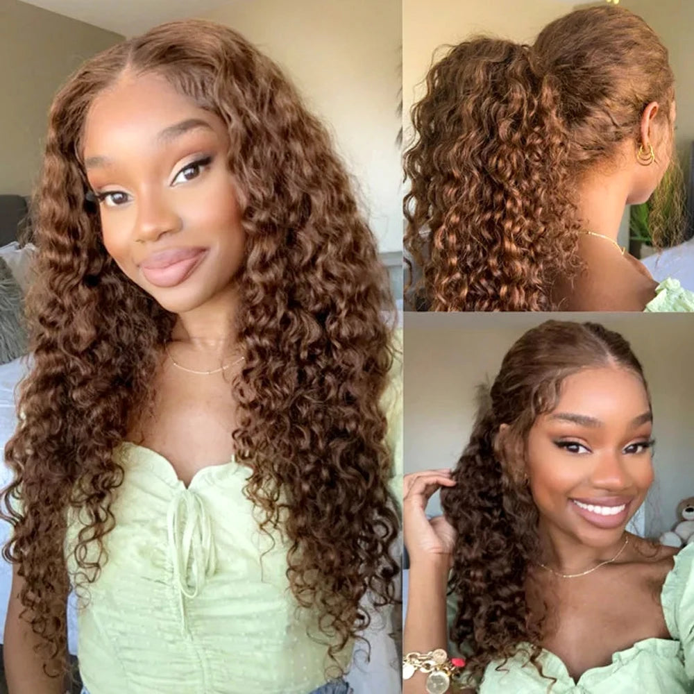 250 Density Deep Wave 360 Lace Front Human Hair Wig Water Wave Colored Lace Frontal Wig Chocolate Brown Glueless Wig Human Hair