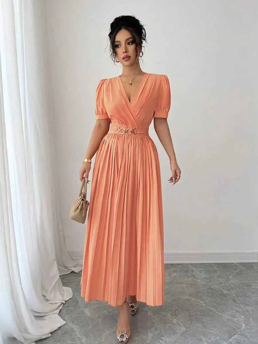 Peach Pleated A-Line Dress with V-Neck, Puffed Sleeves and Decorative Waist Belt