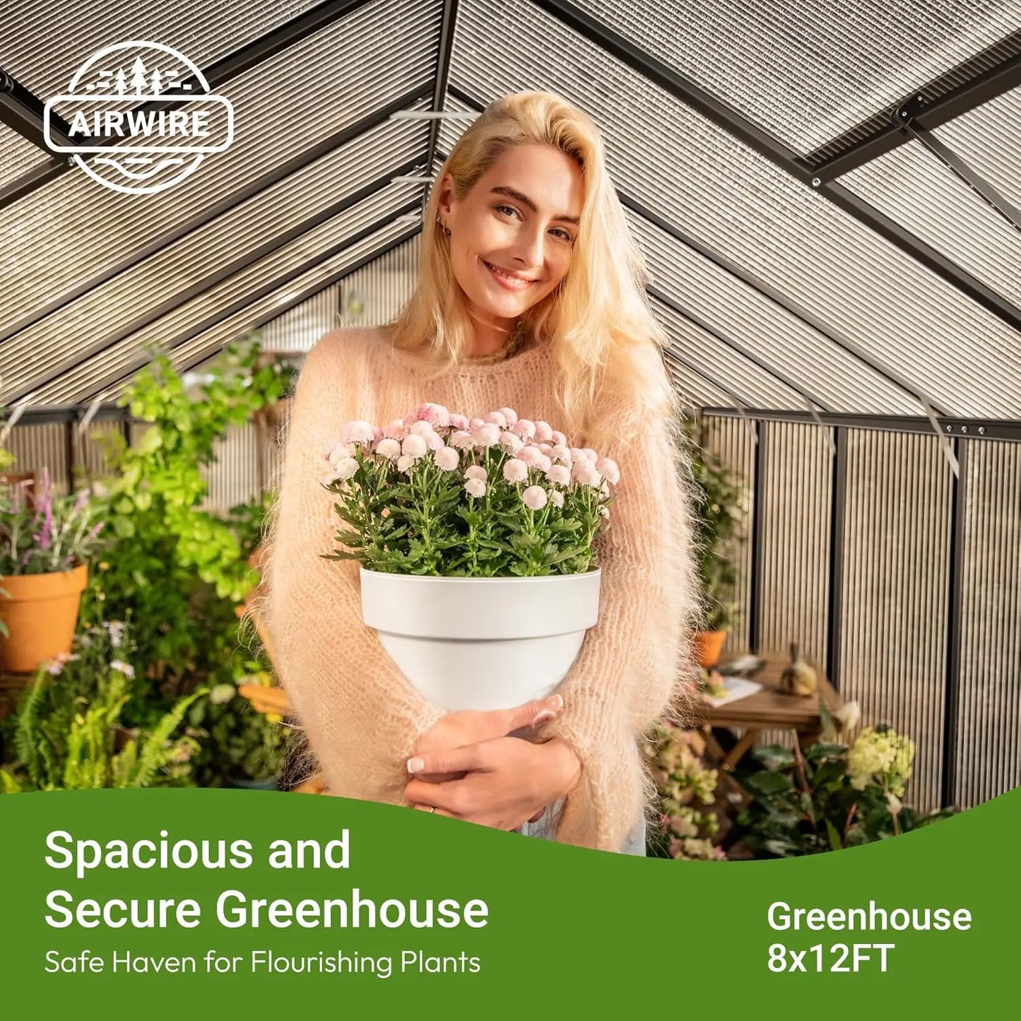 8x12 FT Greenhouse for Outdoors, Quick Setup Polycarbonate Greenhouse with Roof Vent,